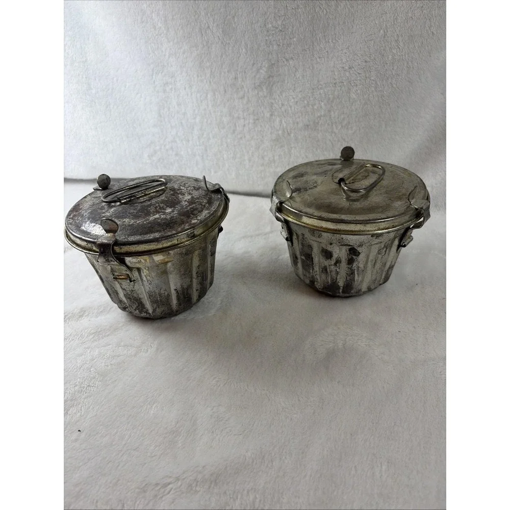 Pair of Antique Tin Steamed Pudding Molds Locking Lids (Circa 1920s) Primitive